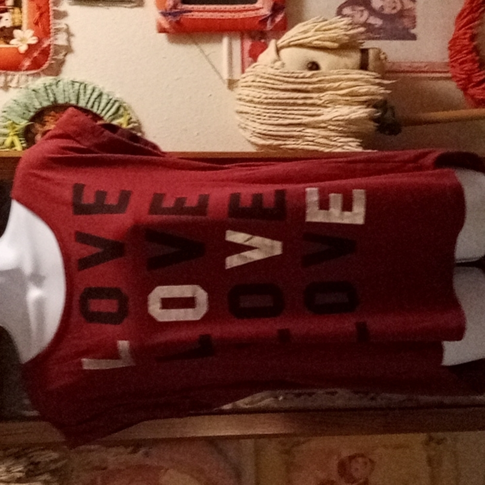 Cute Burgundy "LOVE" Top with Rolled Sleeves & Sheer Burgundy & Black Back Split